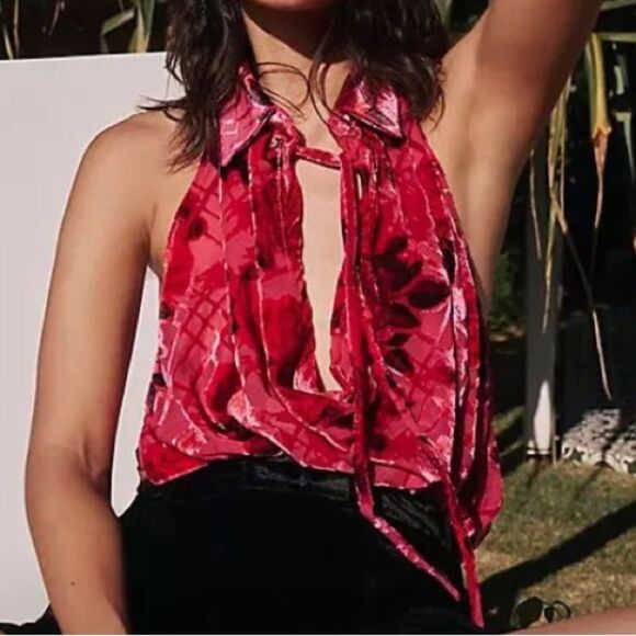 Free People Pink Floral Velvet Tie Front Cut Out Tank Top - Picture 1 of 7